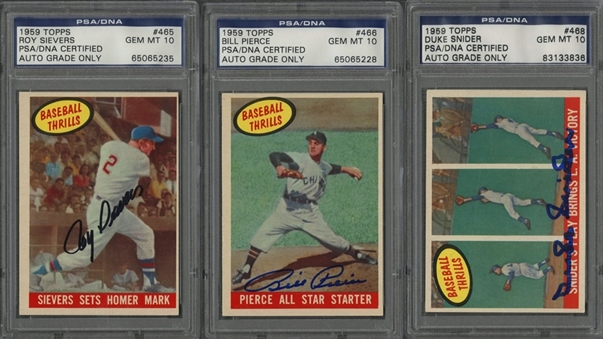 1959 Topps Signed Cards Trio (3 Different) - All PSA DNA GEM MT 10